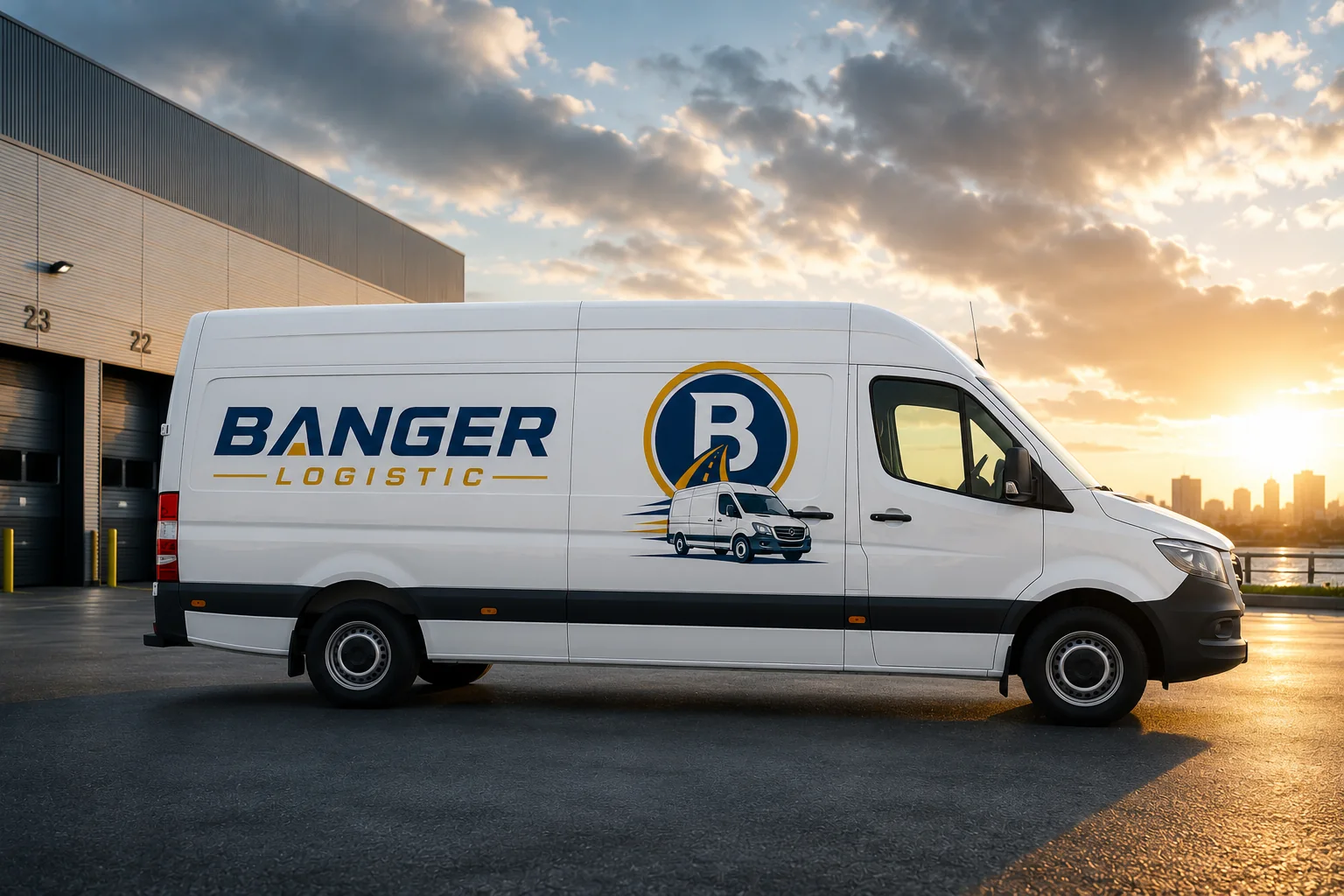 Banger Logistics van parked at a warehouse loading dock at sunset
