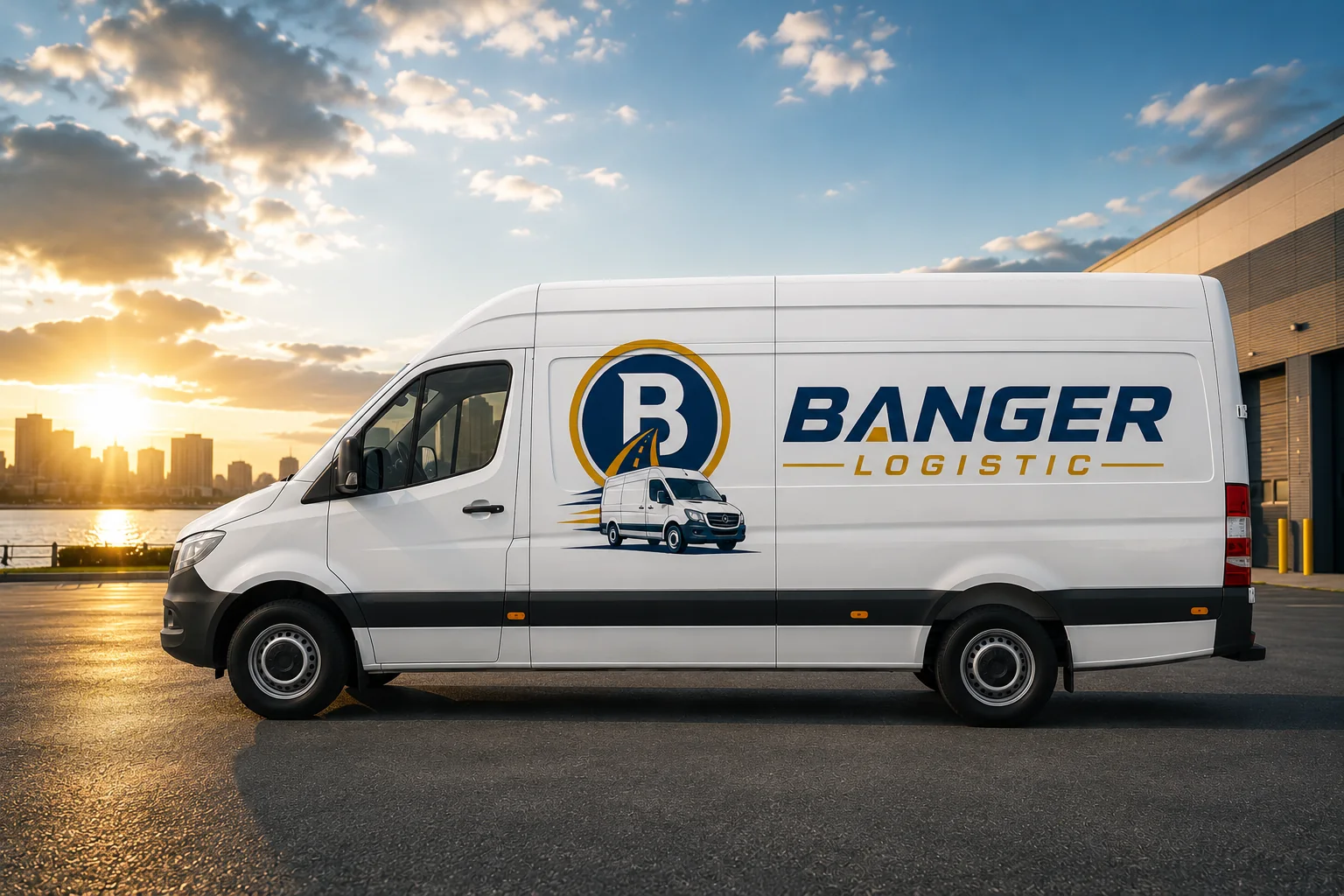 Banger Logistics van parked at a waterfront dock at sunset